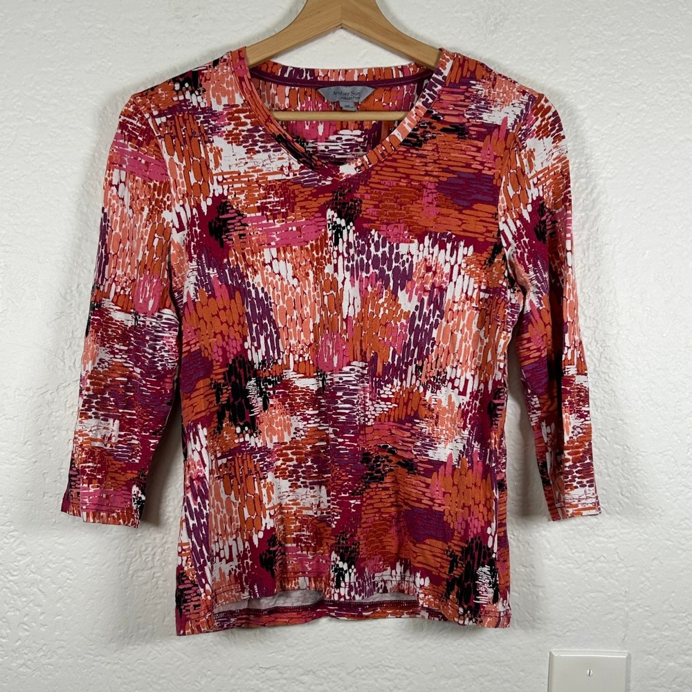VTG Amber‎ Sun V-Neck Top Orange Pink Abstract 3/4 Sleeve Size SP